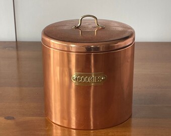 Copper Canister Cookie Jar Barrel Brass Label Vintage Rustic Trudeau French Country Farmhouse Kitchen Countertop Decor Display Gift