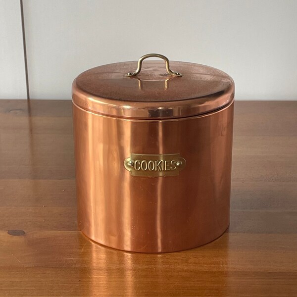 Copper Canister Cookie Jar Barrel Brass Label Vintage Rustic Trudeau French Country Farmhouse Kitchen Countertop Decor Display Gift