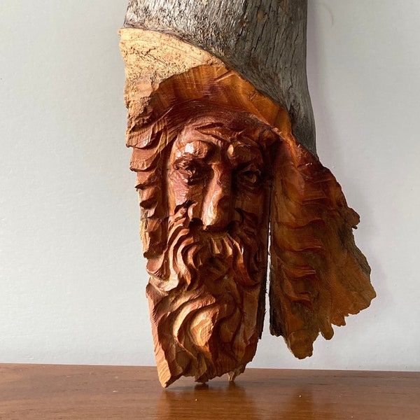 Wood Spirit Carving Vintage Hand Carved Wood Art Unique Man Face Mountain Forest Tree Spirit Rustic Natural Eco-friendly Hanging Wall Art