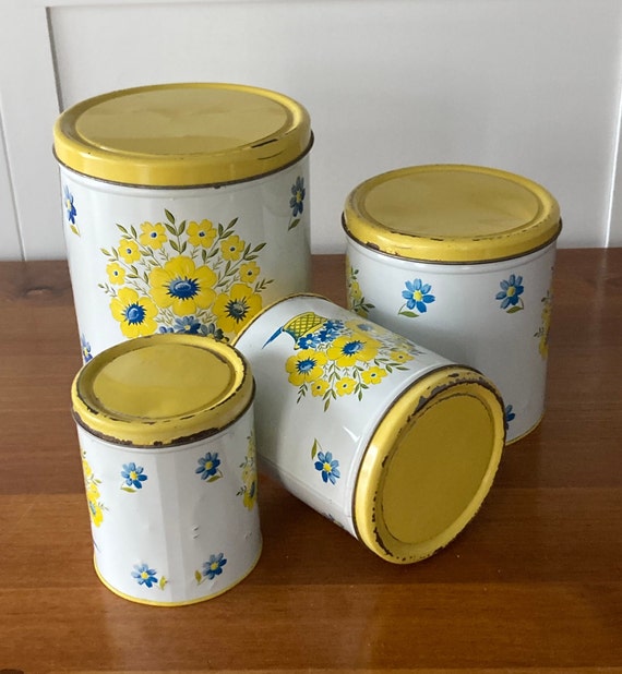 専用です♡ヴィンテージTin缶キャニスター4個·͜· ♡ Vintage Tin Canister Set of Four (4) Bright Yellow & Blue
