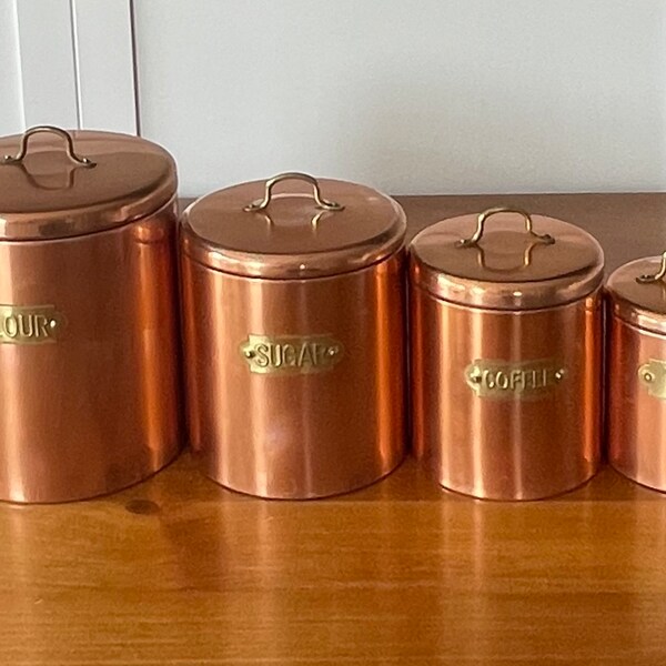 Copper Brass Nesting Canisters Set of 4 Brass Label & Handles Vintage Rustic Country Farmhouse Kitchen Storage Containers Countertop Display