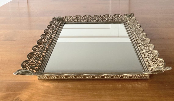 Plateau Miroir En Verre De Murano – Ovale, Poignées Dorées – Meuble Lavabo Vintage