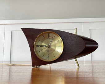 1950s Alarm Clock Westclox 707 Model S10-ab Atomic Boomerang Art Deco Wood Brass MCM Table Top Buffet Cabinet Antique Collector Gift Working