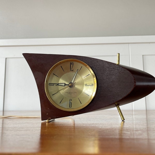 1950s Alarm Clock Westclox 707 Model S10-ab Atomic Boomerang Art Deco Wood Brass MCM Table Top Buffet Cabinet Antique Collector Gift Working