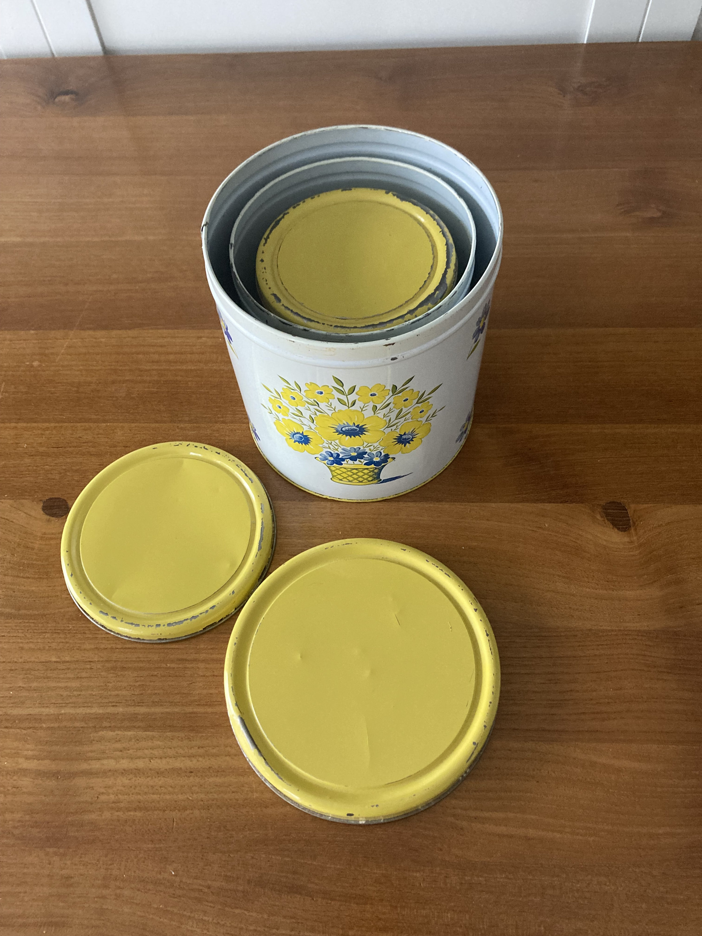 Vintage Tin Canister Set of Four (4) Bright Yellow & Blue