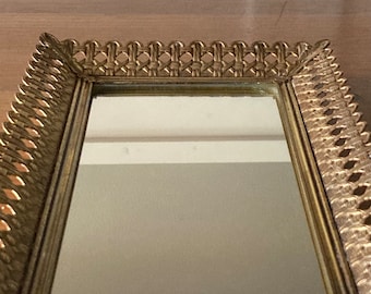 Ornate Mirrored Tray Vintage Gold Tone Metal Filigree Tray Hollywood Regency Boudoir Perfume Dresser Vanity Bathroom Decorative Decor