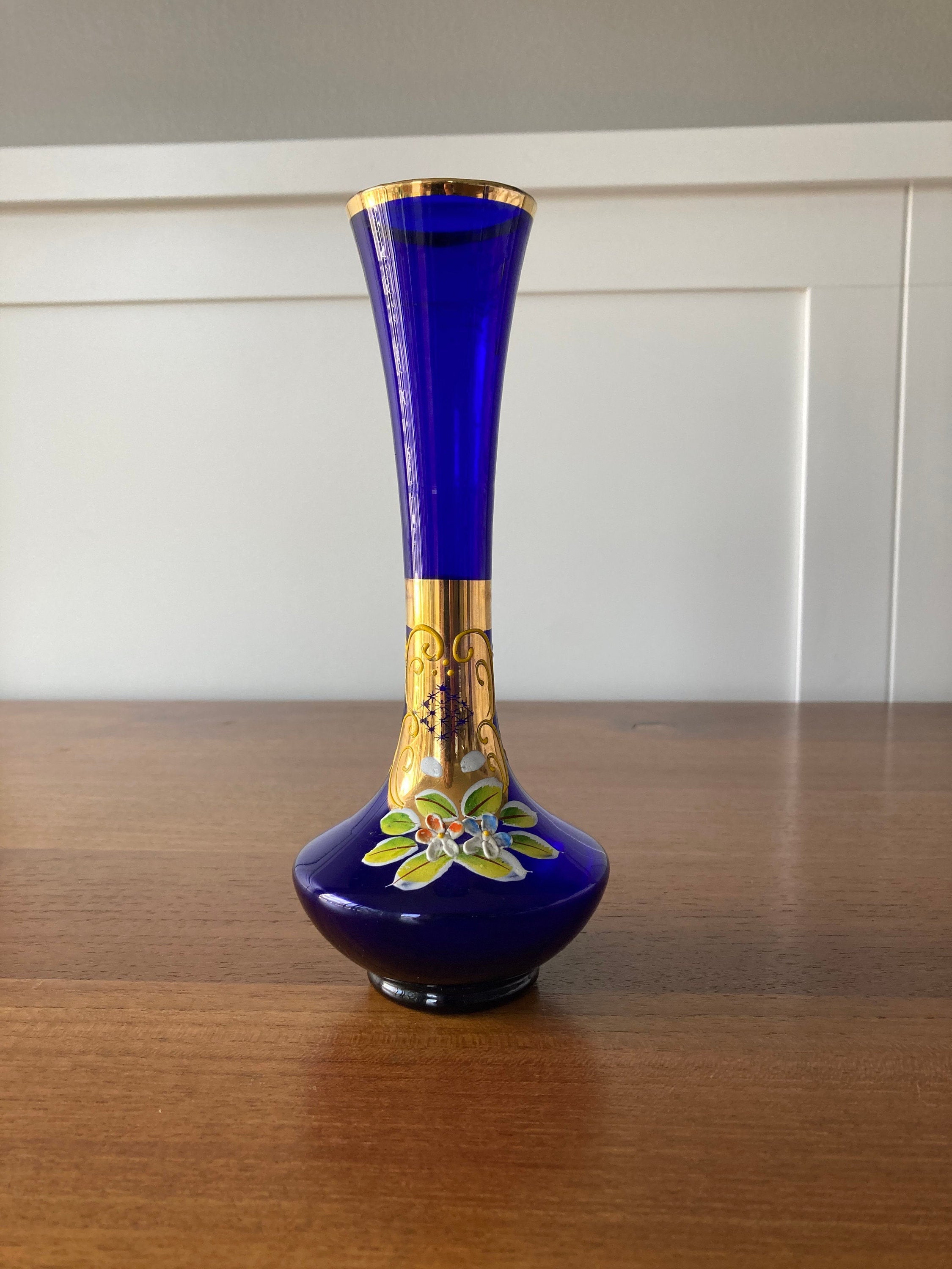 Vintage 8 Tall Cobalt Blue Gold Enameled Flower Small Etsy