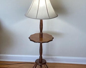 Wood Floor Lamp Side Table Rustic End Table 3 Leg Light Vintage Reading Nook Living Room Den Library Home Cottage Cabin Furniture Decor
