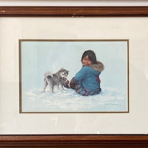 Dorothy Francis Canadian Inuit Art &quot;Little Puglik&#39;s Playmate&quot; Matted Framed Lithograph Professionally Framed by Canadian Gallery Prints