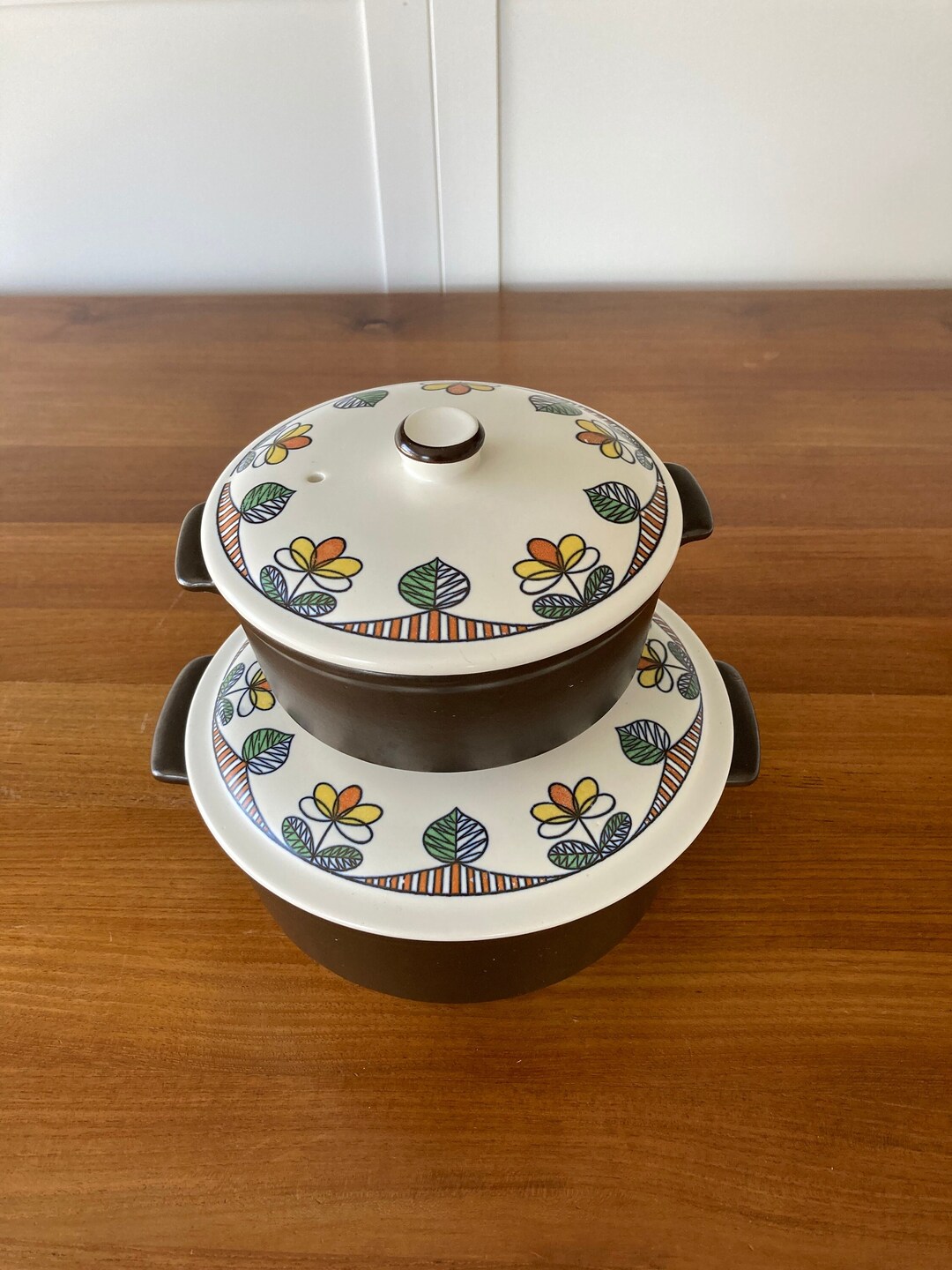 1970s Flame Chef Japan Stoneware Set of Two 2 Hand Painted Oven to