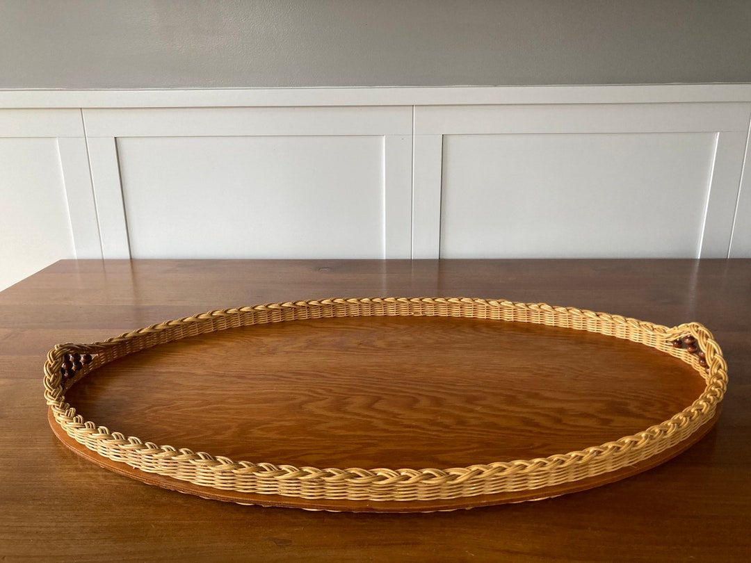 Large Bamboo Wicker Serving Tray Vintage Woven Coastal Seaside Etsy