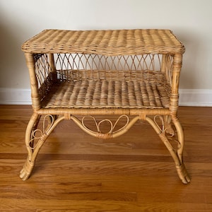 70s Wicker Bamboo Rattan Side/End Table NightStand Record Magazine Storage Rack Indoor/Outdoor Plant Stand Boho  Tropical Tiki Decor Gift