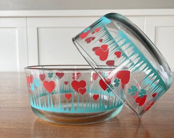 Pyrex Set of 2 "Lucky In Love"  Red Hearts Teal Shamrock Clear Bowls  Vintage Serving Snacking Mixing Food Storage Kitchen Serveware Display