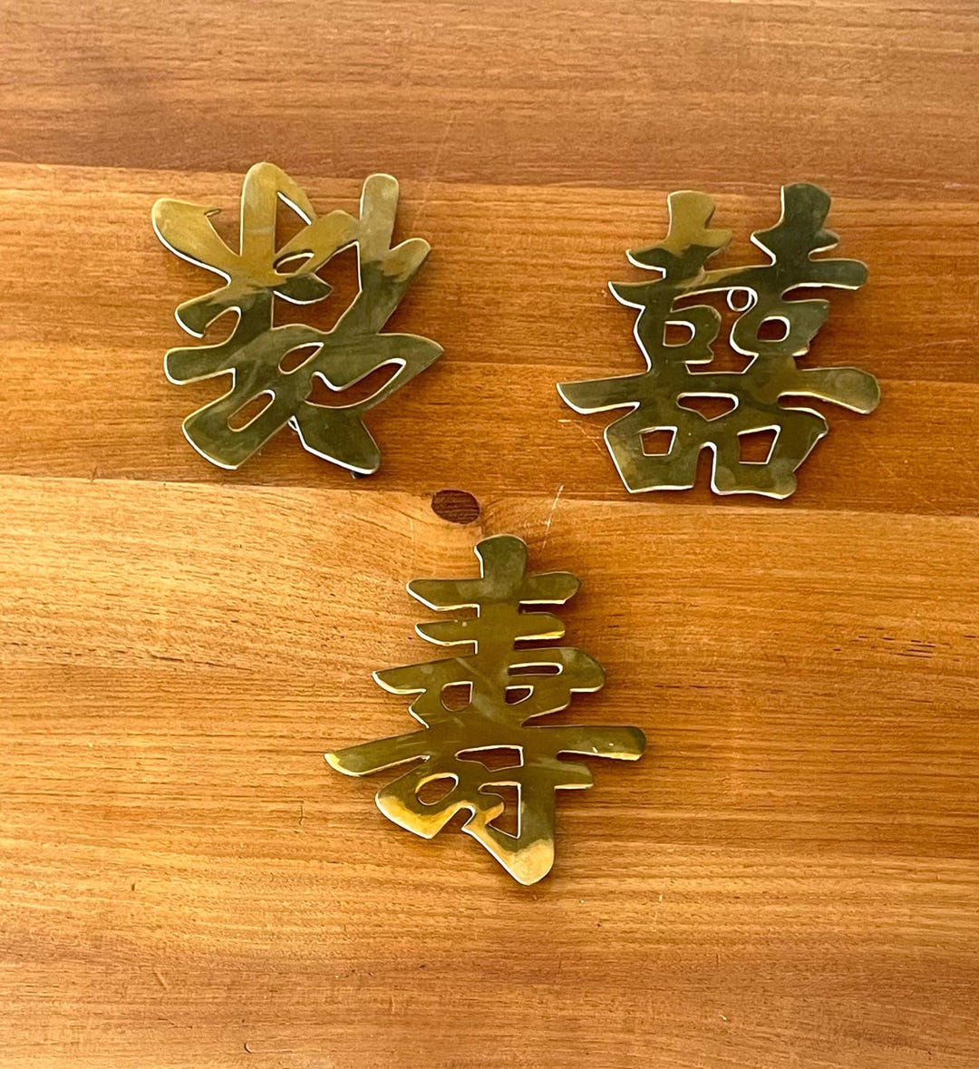 Small Metal Asian Signs Set of 3 Brass Asian Chinese Symbols, Wall Hanging or Trivet, Vintage ...