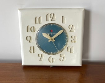 50s Electric Wall Clock General Electric/Telechron Analogue Art Deco Antique White Blue Atomic Style Kitchen Dining Room Games Room Working