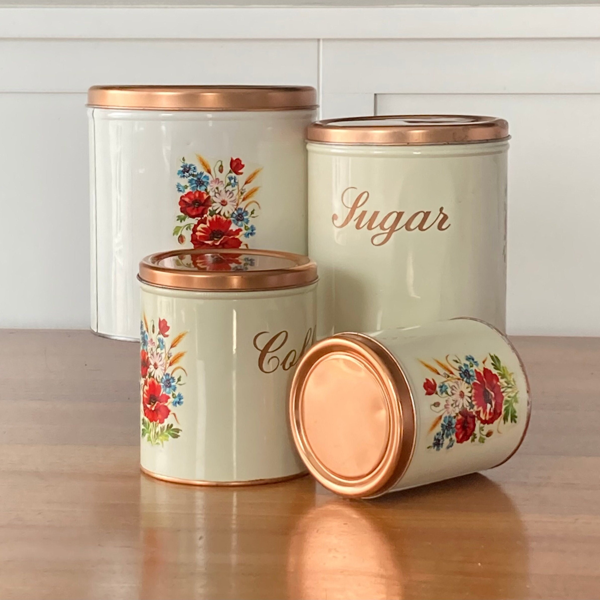 Canister Set Nesting Decoware Antique White Copper Vintage 50s