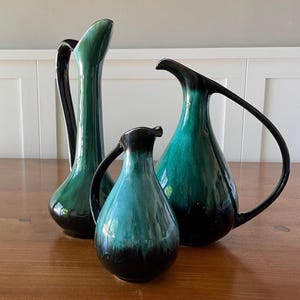 Ceramic Pitcher - Blue Mountain Pottery Stamped BMP Canada Drip Glaze Blue Green Stamped Ewer Loop Handle MCM Decorative Home Decor Gift
