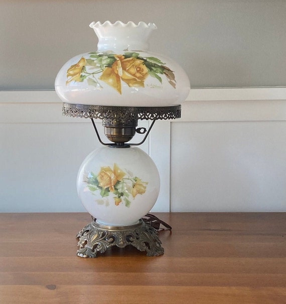 Hurricane Lamp GWTW 21 Parlor Table Lamp Milk Glass Painted & Signed  Catherine Klein Yellow Rose 3 Way Lighting GIM 1972 Accent Table Lamp 