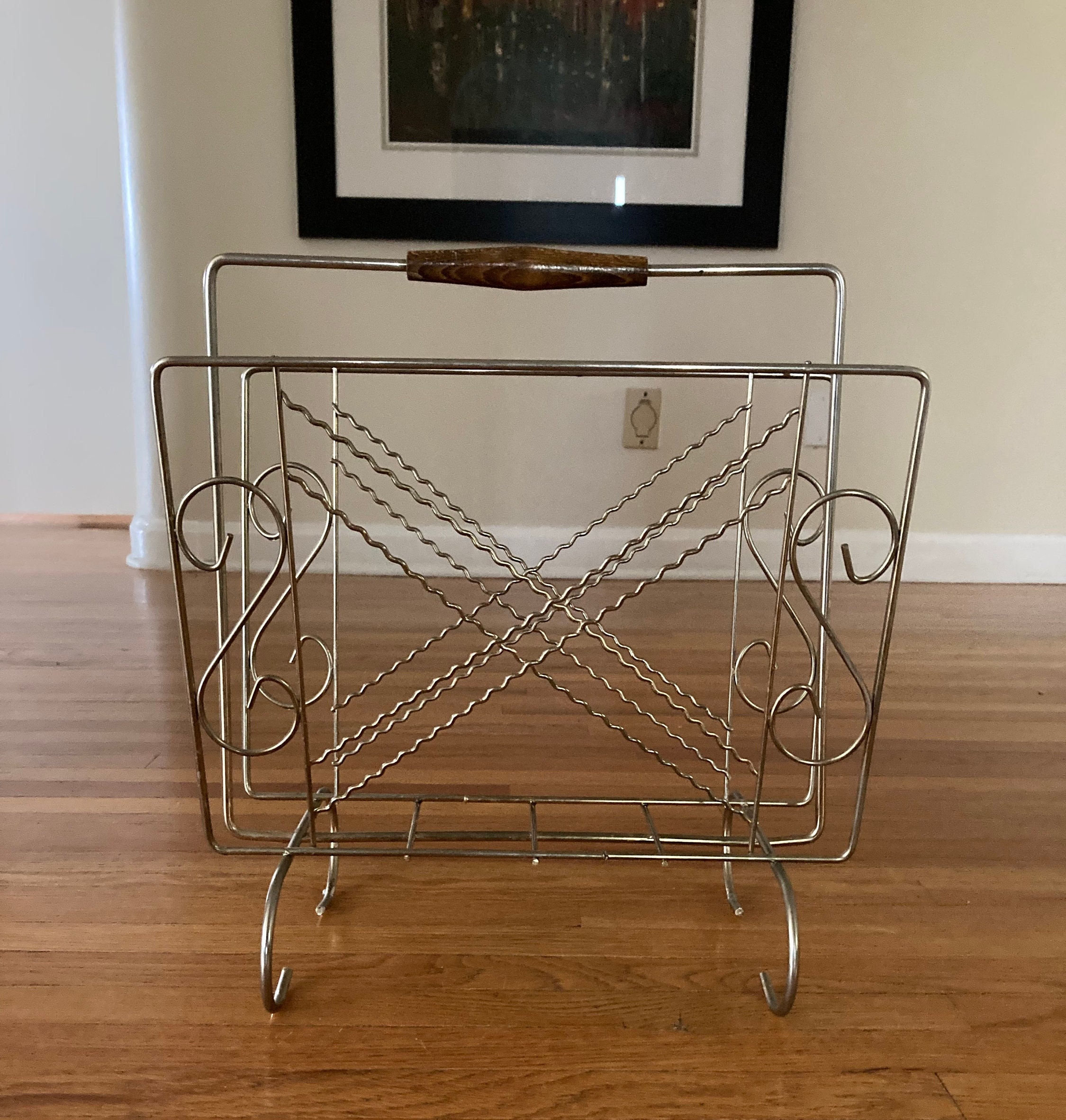 Mid Century Modern Rolling Magazine Rack, MCM Magazine Holder, Rolling