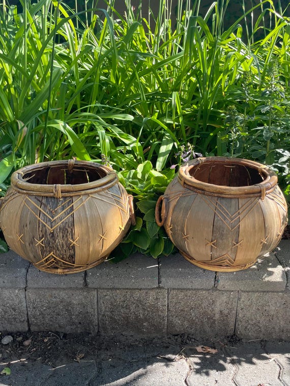 Large Palm Sheath Round Basket Loop Handles Tiki Boho Plant