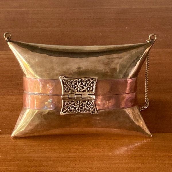 Purse Copper Brass Pillow Clutch Evening Bag, Wedding Party, Cosmectic Holder, Chain Link Bag, Purple Velvet Lining, Art Deco Accent Handbag