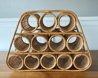 ヴィンテージ60年代ラタンワインラック、4本用竹製ホルダー、ミッド