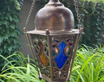 Vintage Moroccan Hanging Lamp: Ornate Metal & Multicolor Panels