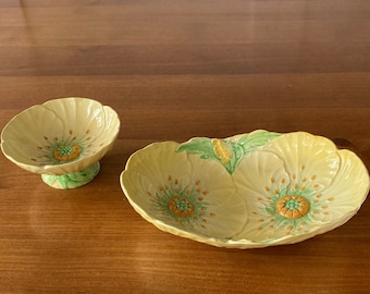 Carltonware Australian Design Buttercup Series Double Serving Bowl & Footed Dish C1930-1960 Made in England Retro Yellow Floral Serveware