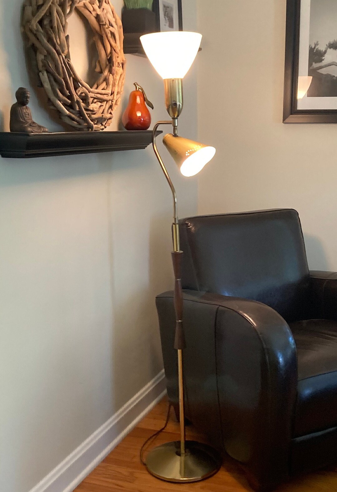 Brass Wood Torchiere Trilight Floor Lamp W/atomic Shade Reading Light