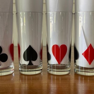4 gobelets en verre poker, costumes de cartes des années 1950 Tom Collins Tall Hi-Ball Cocktail Bar, collection cuisine rétro verrerie restaurant présentoir cadeau