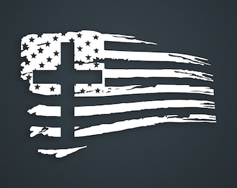 May include: A distressed white American flag with a white cross superimposed over it. The flag is faded and has a grunge effect.
