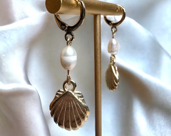 Shell Earrings, Shell Charm Earrings, Gold Earrings, Simple Earrings, Dainty Earrings, Hoop Earrings, Gold Plated Jewelry