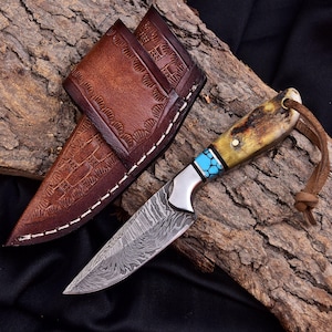 Handmade Damascus EDC Skinner Knife – 6" Overall, 3" Blade, Camel Bone & Turquoise Handle, Leather Sheath image 11