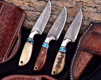 Handmade Damascus Skinner Knife Set | Camel Bone, Rosewood & Leather