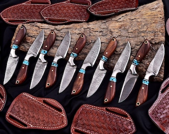 Handmade Damascus Skinner Knife Set – Rosewood & Turquoise Handle, Leather Sheaths, Lot of 10 Pieces