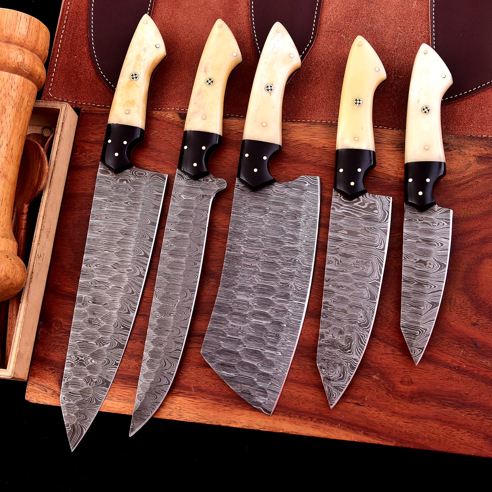 Hand Forged Damascus Kitchen Knife Set: Rosewood Handle, Leather