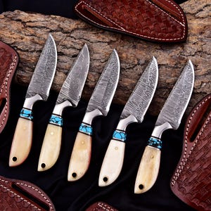 May include: A collection of five Damascus steel knives with bone handles and turquoise accents. The blades have a unique patterned design. Leather sheaths are visible in the background, suggesting a hunting or outdoor theme.