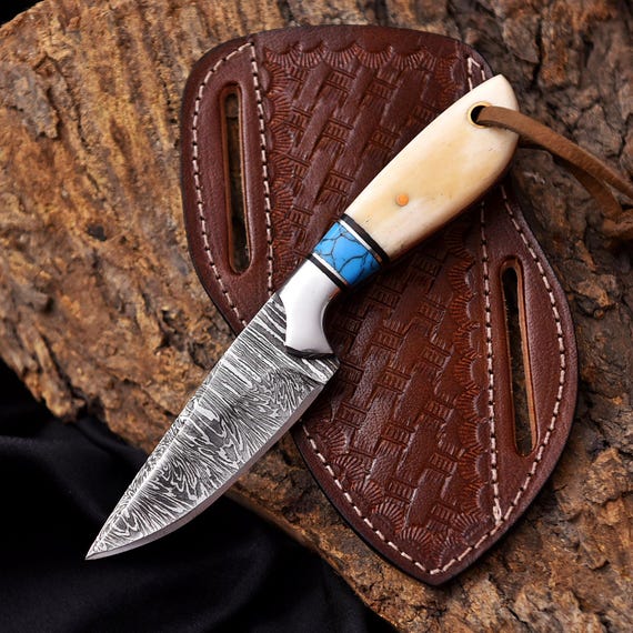 Handmade Damascus EDC Skinner Knife – 6" Overall, 3" Blade, Camel Bone & Turquoise Handle, Leather Sheath