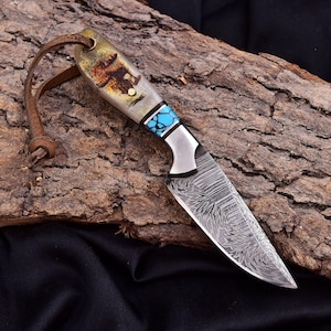 Handmade Damascus EDC Skinner Knife – 6" Overall, 3" Blade, Camel Bone & Turquoise Handle, Leather Sheath image 12