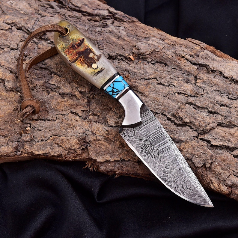 Handmade Damascus EDC Skinner Knife – 6" Overall, 3" Blade, Camel Bone & Turquoise Handle, Leather Sheath image 12
