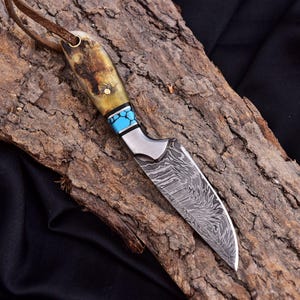 Handmade Damascus EDC Skinner Knife – 6" Overall, 3" Blade, Camel Bone & Turquoise Handle, Leather Sheath image 13