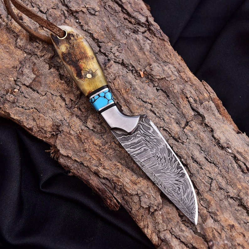 Handmade Damascus EDC Skinner Knife – 6" Overall, 3" Blade, Camel Bone & Turquoise Handle, Leather Sheath image 13