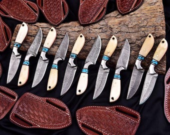 Handmade Damascus Skinner Knife Set – Camel Bone & Turquoise Handles, Leather Sheaths