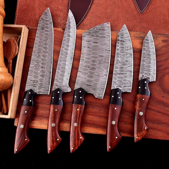 Hand Forged Damascus Kitchen Knife Set: Rosewood Handle, Leather