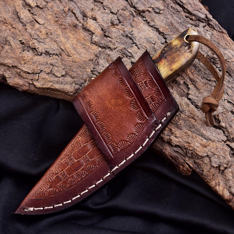 Handmade Damascus EDC Skinner Knife – 6" Overall, 3" Blade, Camel Bone & Turquoise Handle, Leather Sheath image 15