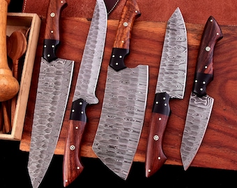 Damascus Steel Kitchen Knife Set: Rosewood Handle, Leather Roll, Chef Gift