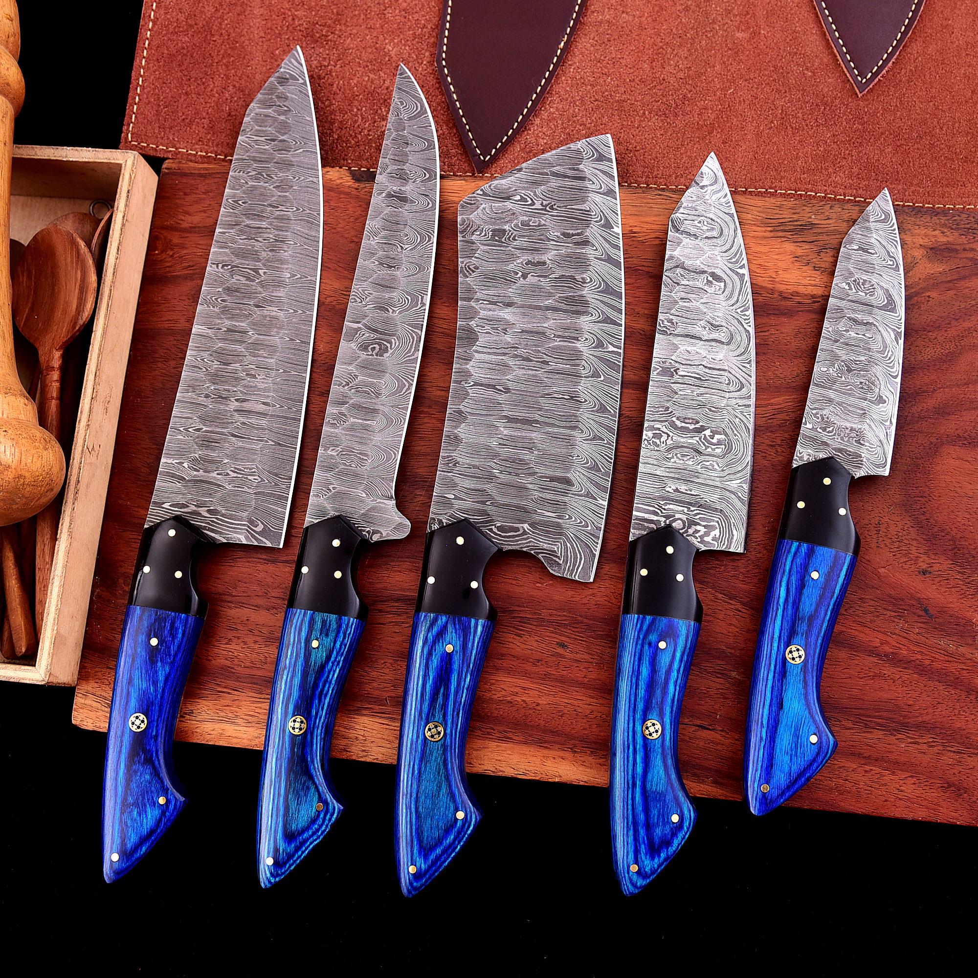Hand Forged Damascus Kitchen Knife Set: Rosewood Handle, Leather