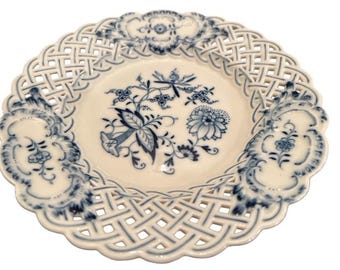 Vintage/Antique Meissen Blue Onion Rich Motif Hand Painted Reticulated Plate Bowl