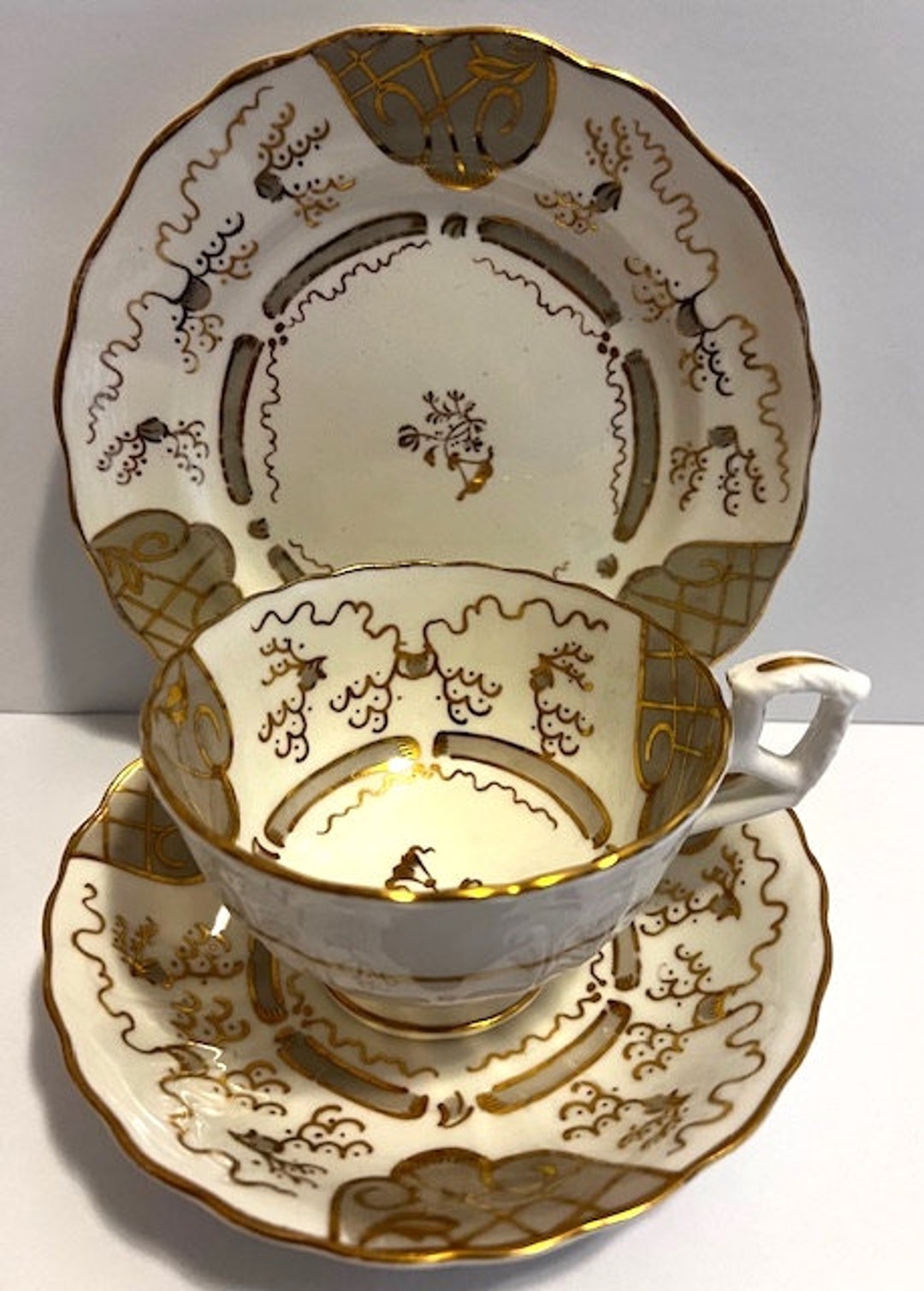 Antique Rockingham England Floral Motif Teacup Saucer Dessert Plate ...