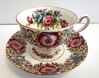 Vintage Rosina Bone China England Floral Motif Teacup and Saucer with Gold Accents